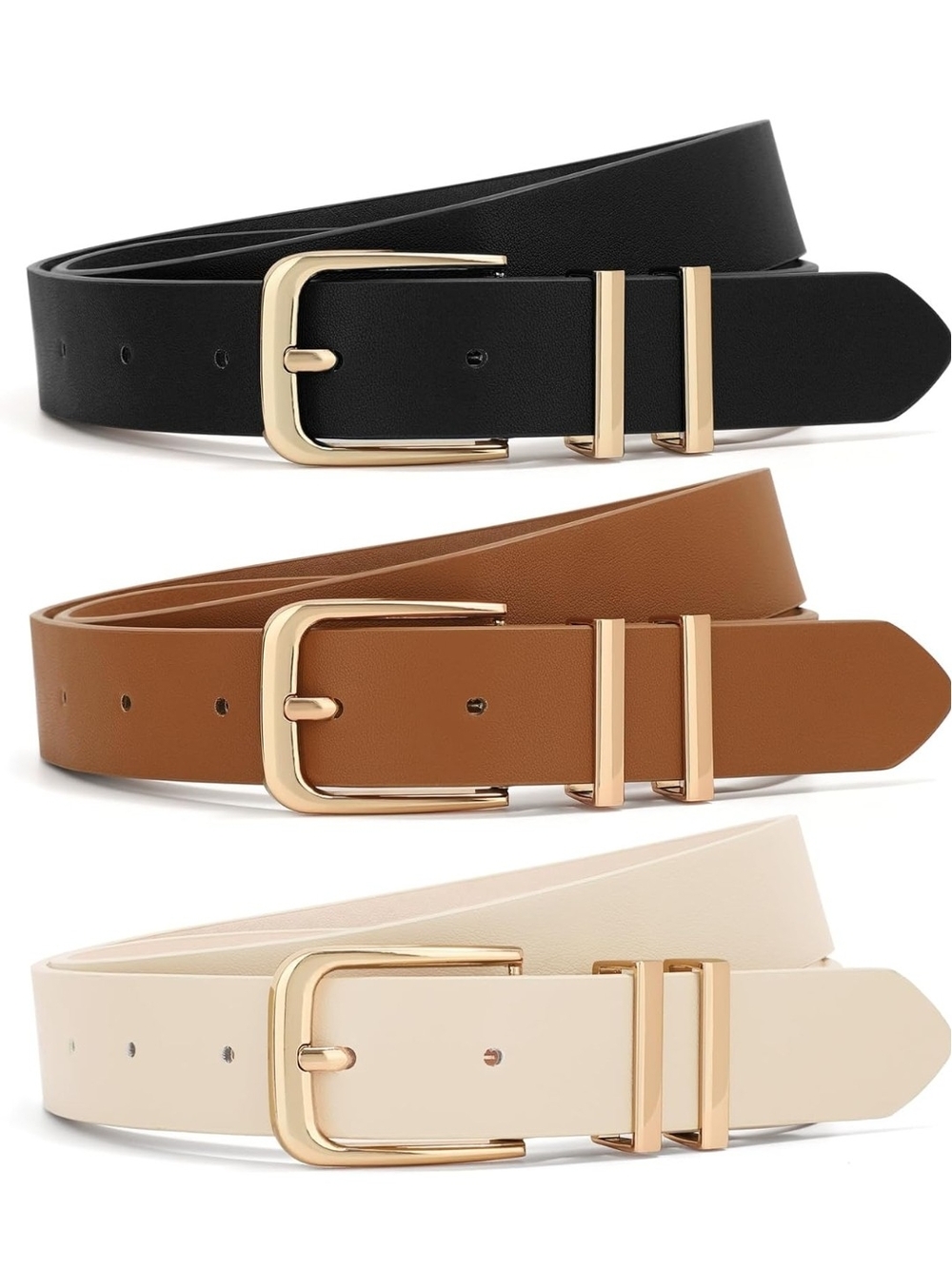Three-Piece Leather Belt Set with Gold Buckles - Black, Brown, Cream